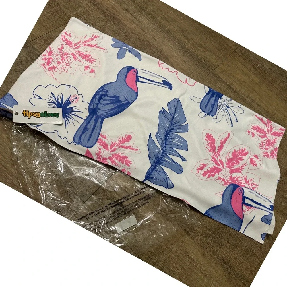 Tipsy Elves Toucan Tango Beach Towel Blue Pink White Tropical Floral 30x60  NEW